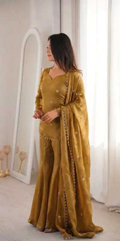 ZSR 3159 Mustered Fendy Silk Salwar Suitwith Embroidery Work & Lace Work. Now at just ₹2049. Delivery 4-6 Working Days. Shop now. | Jump Suits, Straight Suits, Casual Suits, Creative suits, Designer Suits, Palazzo Suits, Party Wear Suits, Patiala Suits, Salwar suit