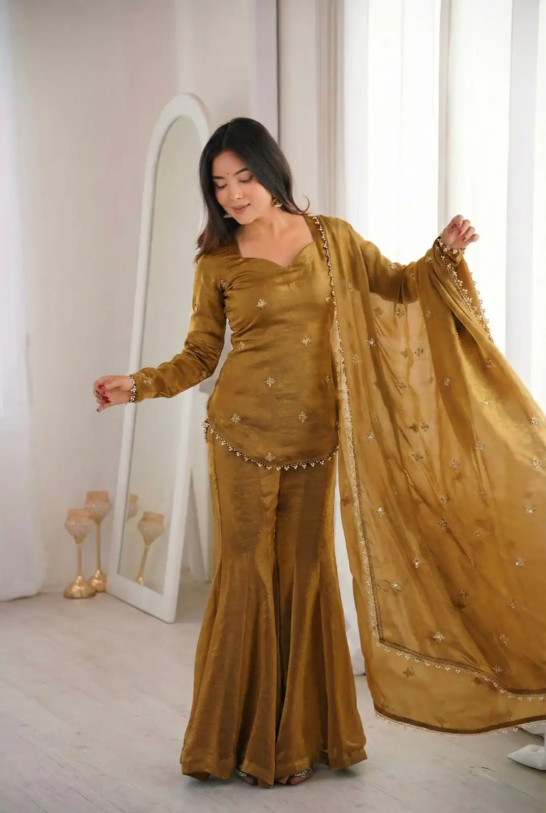 ZSR 3159 Mustered Fendy Silk Salwar Suitwith Embroidery Work & Lace Work. Now at just ₹2049. Delivery 4-6 Working Days. Shop now. | Jump Suits, Straight Suits, Casual Suits, Creative suits, Designer Suits, Palazzo Suits, Party Wear Suits, Patiala Suits, Salwar suit