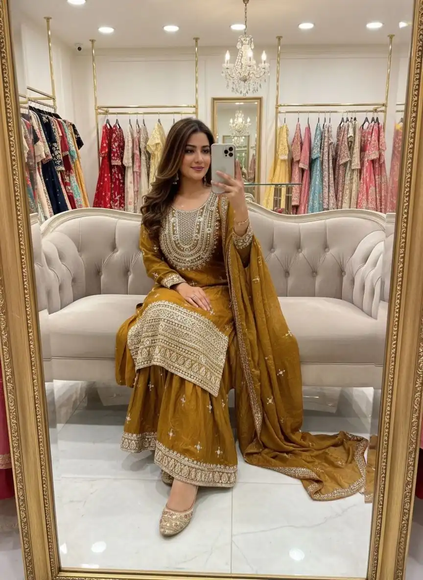 Mustered Fendy Silk Mirror Embroider Work Salwar Suit - Image 6