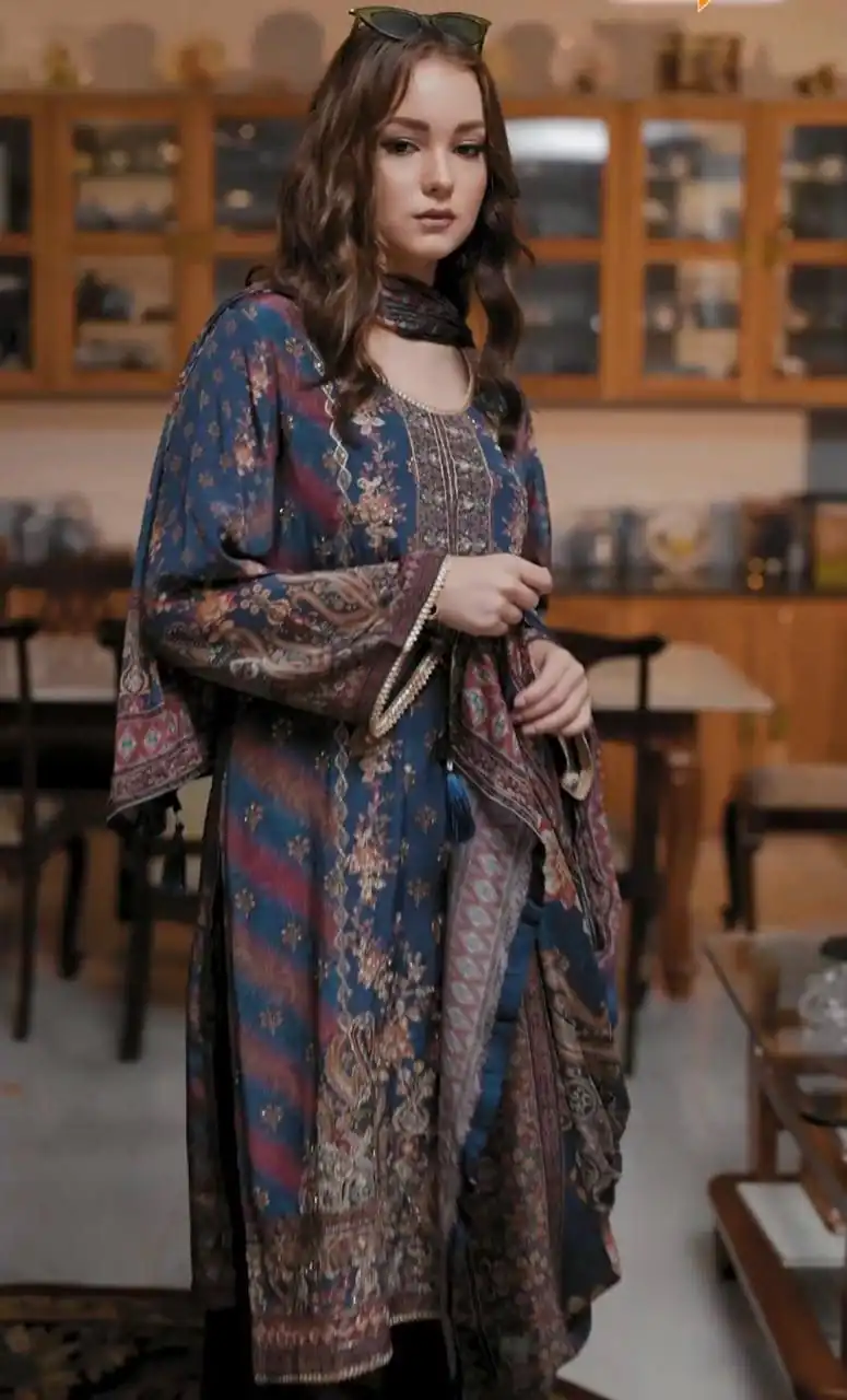 Navy Blue Tabby Satin Digital Print Salwar Suit - Image 2