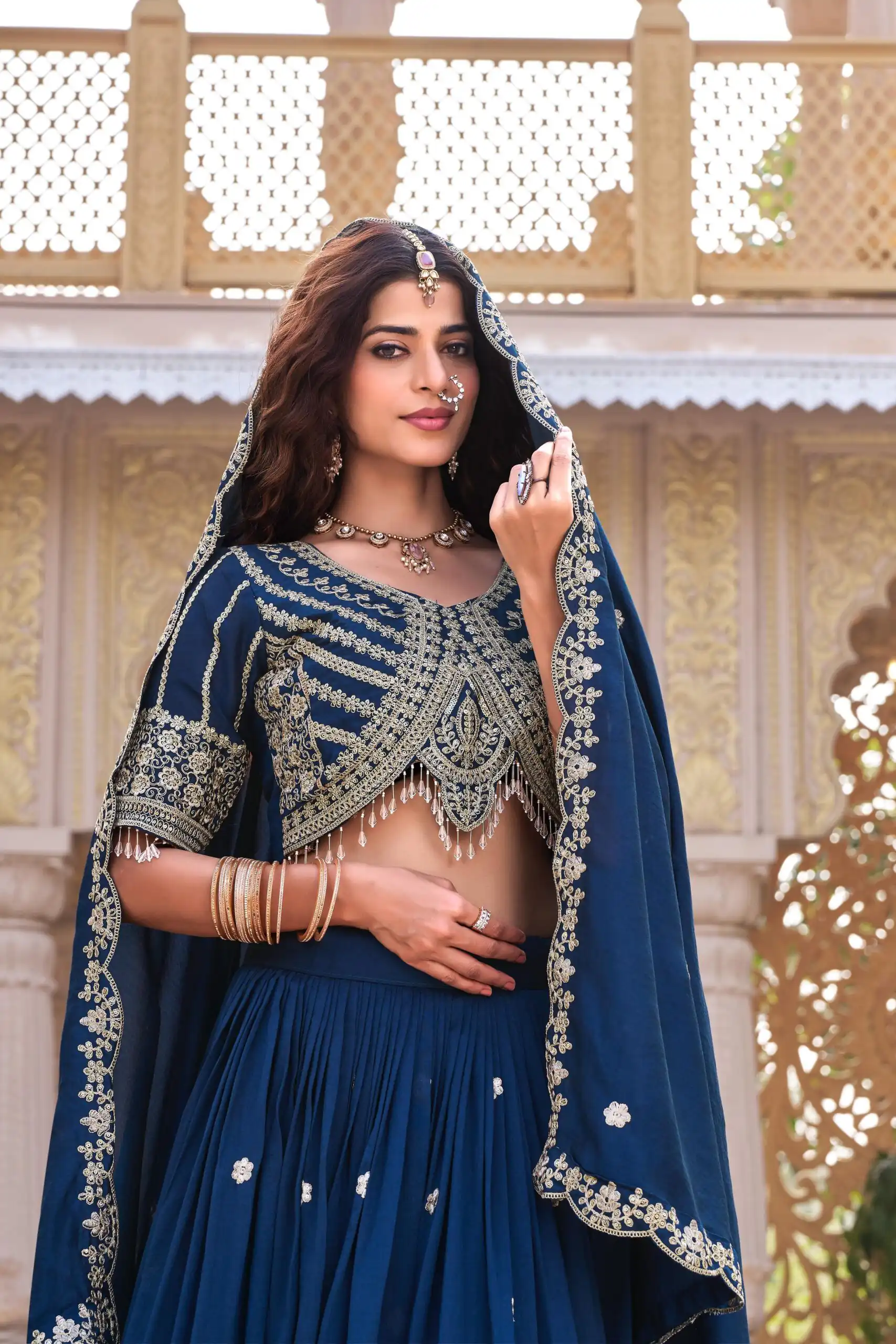 Navy Blue Vichitra Silk Thread Embroider Work Lehenga Choli - Image 3