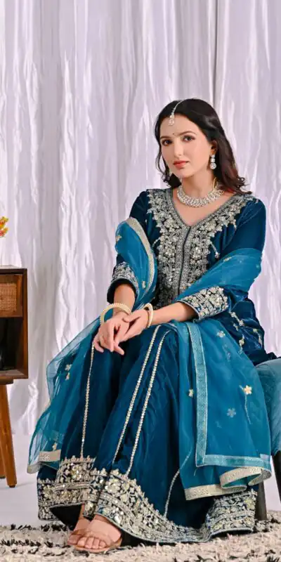 ND 5053 Navy Blue Viscous Velvet Salwar Suit with Embroidery Work. Grab it for ₹2449. Delivery 4-6 Working Days. Shop now. | Jump Suits, Straight Suits, Casual Suits, Creative suits, Designer Suits, Palazzo Suits, Party Wear Suits, Patiala Suits, Salwar suit
