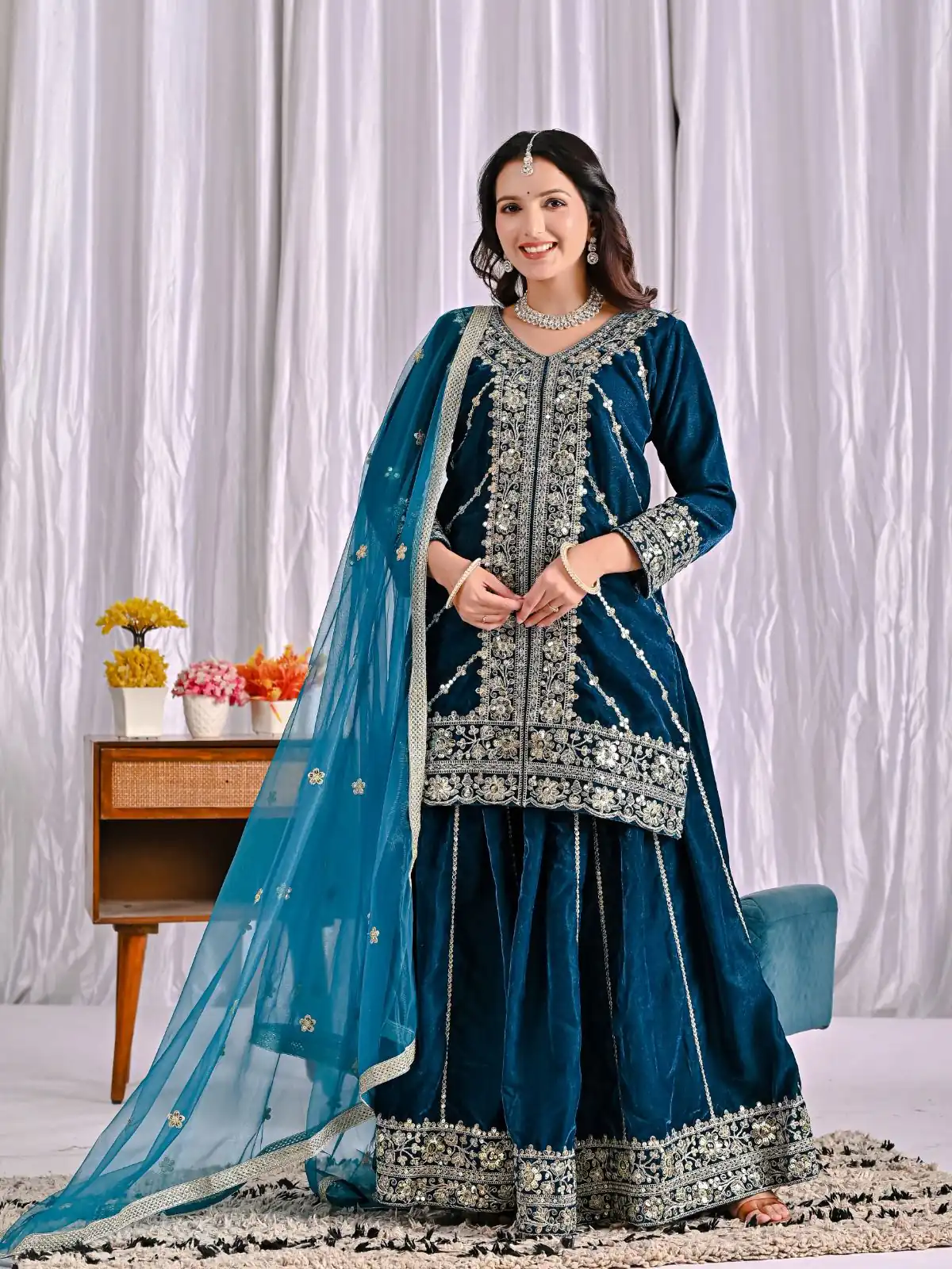 ND 5053 Navy Blue Viscous Velvet Salwar Suit with Embroidery Work. Grab it for ₹2449. Delivery 4-6 Working Days. Shop now. | Jump Suits, Straight Suits, Casual Suits, Creative suits, Designer Suits, Palazzo Suits, Party Wear Suits, Patiala Suits, Salwar suit