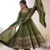 ZF 5016 Mehendi Roman Silk Gown with Embroidery Work. Wedding, Party, Festive, Events, Navratri, Exclusive Offer ₹2499. Delivery 4-6 Working Days. Shop now. | Bollywood Gowns, Creative Gowns, Designer Gowns, Embroidered Gowns, Gowns, Party Wear Gowns