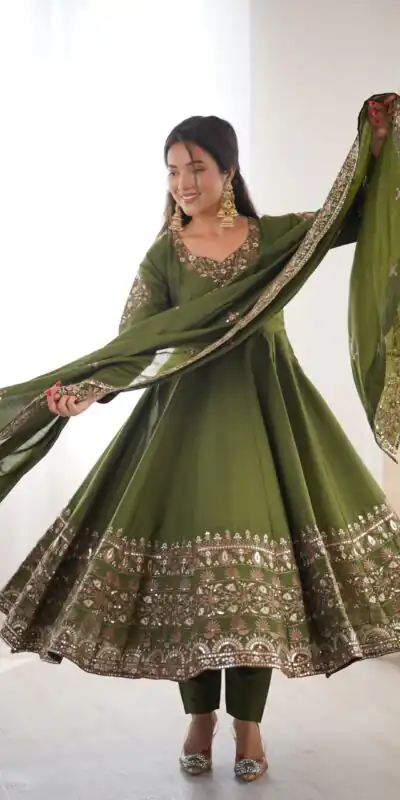 ZF 5016 Mehendi Roman Silk Gown with Embroidery Work. Wedding, Party, Festive, Events, Navratri, Exclusive Offer ₹2499. Delivery 4-6 Working Days. Shop now. | Bollywood Gowns, Creative Gowns, Designer Gowns, Embroidered Gowns, Gowns, Party Wear Gowns
