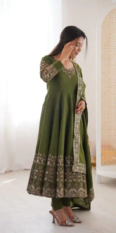 ZF 5016 Mehendi Roman Silk Gown with Embroidery Work. Wedding, Party, Festive, Events, Navratri, Exclusive Offer ₹2499. Delivery 4-6 Working Days. Shop now. | Bollywood Gowns, Creative Gowns, Designer Gowns, Embroidered Gowns, Gowns, Party Wear Gowns