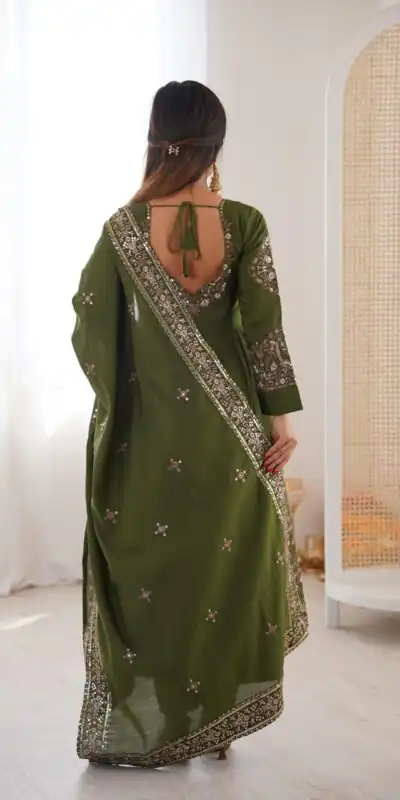 ZF 5016 Mehendi Roman Silk Gown with Embroidery Work. Wedding, Party, Festive, Events, Navratri, Exclusive Offer ₹2499. Delivery 4-6 Working Days. Shop now. | Bollywood Gowns, Creative Gowns, Designer Gowns, Embroidered Gowns, Gowns, Party Wear Gowns