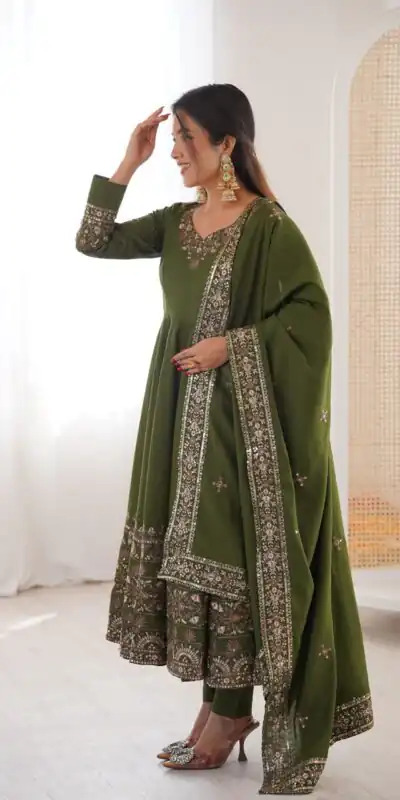 ZF 5016 Mehendi Roman Silk Gown with Embroidery Work. Wedding, Party, Festive, Events, Navratri, Exclusive Offer ₹2499. Delivery 4-6 Working Days. Shop now. | Bollywood Gowns, Creative Gowns, Designer Gowns, Embroidered Gowns, Gowns, Party Wear Gowns