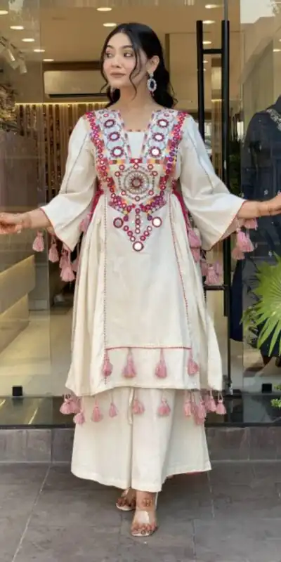 MF 912 Off White in Rayon Cotton Embroidery & Mirror Work Salwar Suit . Introductory Price ₹1899. Delivery 4-6 Working Days. Shop now. | Jump Suits, Straight Suits, Casual Suits, Creative suits, Designer Suits, Palazzo Suits, Party Wear Suits, Patiala Suits, Salwar suit