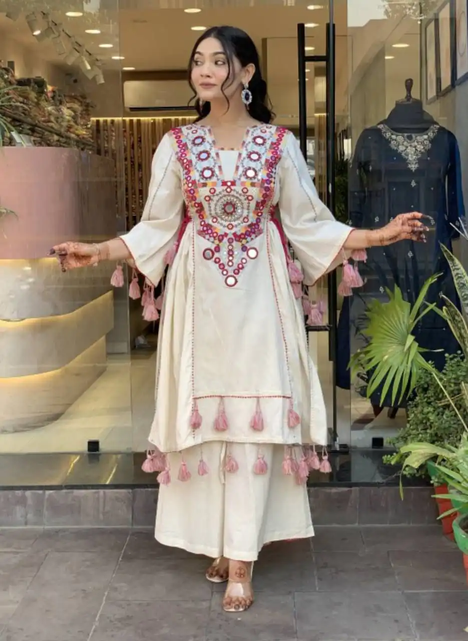 MF 912 Off White in Rayon Cotton Embroidery & Mirror Work Salwar Suit . Introductory Price ₹1899. Delivery 4-6 Working Days. Shop now. | Jump Suits, Straight Suits, Casual Suits, Creative suits, Designer Suits, Palazzo Suits, Party Wear Suits, Patiala Suits, Salwar suit