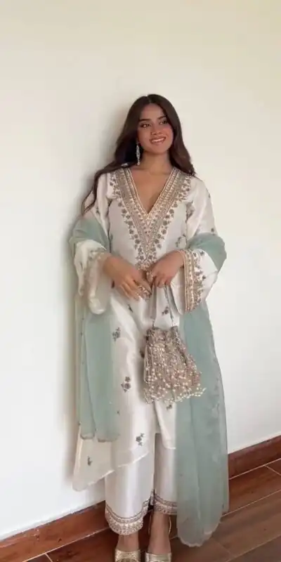 LG 2067 Off White Color Roman Silk Salwar Suit with Embroidery Work. Available at ₹1999 only. Delivery 4-6 Working Days. Shop now. | Jump Suits, Straight Suits, Casual Suits, Creative suits, Designer Suits, Palazzo Suits, Party Wear Suits, Patiala Suits, Salwar suit