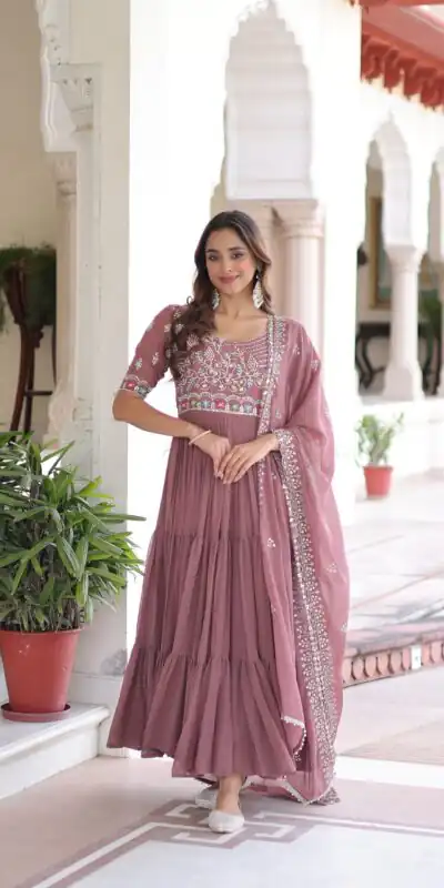 KA 1213 Onion Faux Blooming Gown with Embroidery Work & Sequins Work. Best Price ₹2449. Delivery 4-6 Working Days. Shop now. | Bollywood Gowns, Creative Gowns, Designer Gowns, Embroidered Gowns, Gowns, Party Wear Gowns