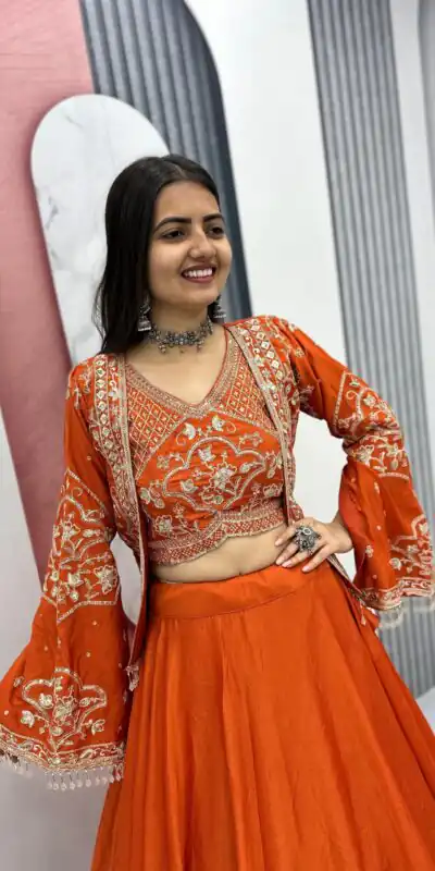 PC 565 Orange Color Chinon silk Lehenga Choli with Cut Work. Special Online Price ₹3049. Delivery 4-6 Working Days. Shop now. | Bollywood Lehenga, Creative Lehenga, Designer Lehenga, Embroidered Lehenga, Lehenga, Party Wear Lehenga