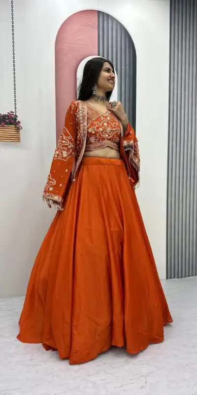 PC 565 Orange Color Chinon silk Lehenga Choli with Cut Work. Special Online Price ₹3049. Delivery 4-6 Working Days. Shop now. | Bollywood Lehenga, Creative Lehenga, Designer Lehenga, Embroidered Lehenga, Lehenga, Party Wear Lehenga