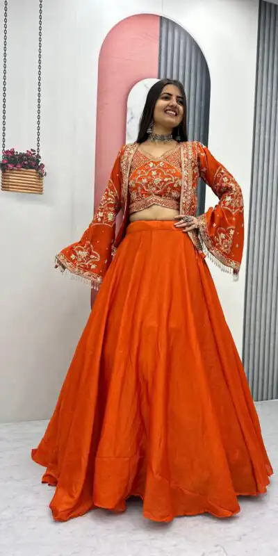 PC 565 Orange Color Chinon silk Lehenga Choli with Cut Work. Special Online Price ₹3049. Delivery 4-6 Working Days. Shop now. | Bollywood Lehenga, Creative Lehenga, Designer Lehenga, Embroidered Lehenga, Lehenga, Party Wear Lehenga
