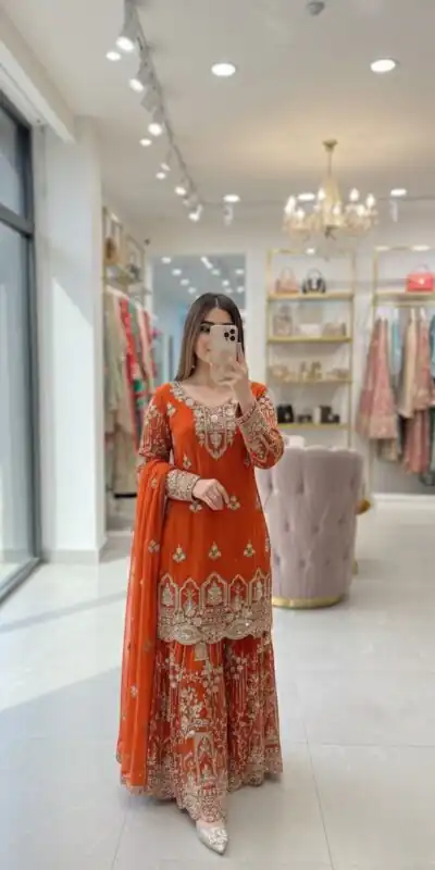 WW 1250 Orange Faux Georgette With 5 mm Sequence Work Salwar Suit Wedding, Party, Festive, Events Etc. Expected Delivery 4-6 Working Days @2399/- | Jump Suits, Straight Suits, Casual Suits, Creative suits, Designer Suits, Palazzo Suits, Party Wear Suits, Patiala Suits, Salwar suit