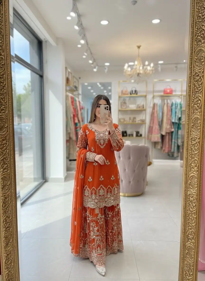 WW 1250 Orange Faux Georgette With 5 mm Sequence Work Salwar Suit Wedding, Party, Festive, Events Etc. Expected Delivery 4-6 Working Days @2399/- | Jump Suits, Straight Suits, Casual Suits, Creative suits, Designer Suits, Palazzo Suits, Party Wear Suits, Patiala Suits, Salwar suit