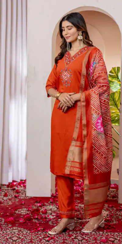 DIVA 112 Orange Marina Silk Salwar Suit with Embroidery Work. Introductory Price ₹1999. Delivery 4-6 Working Days. Shop now. | Jump Suits, Straight Suits, Casual Suits, Creative suits, Designer Suits, Palazzo Suits, Party Wear Suits, Patiala Suits, Salwar suit