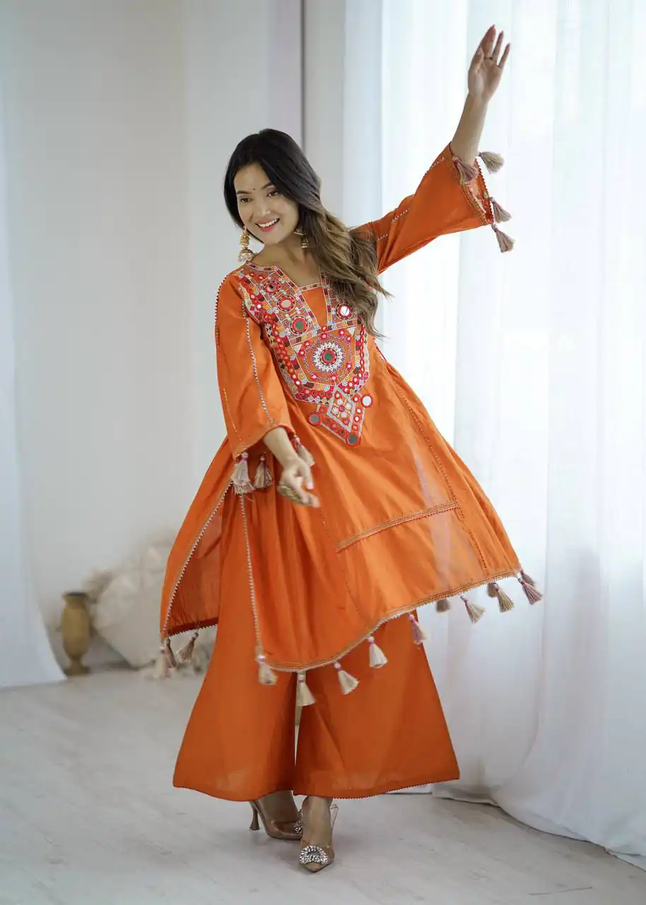 Orange Rayon Cotton Embroidery Mirror Work Salwar Suit - Image 2