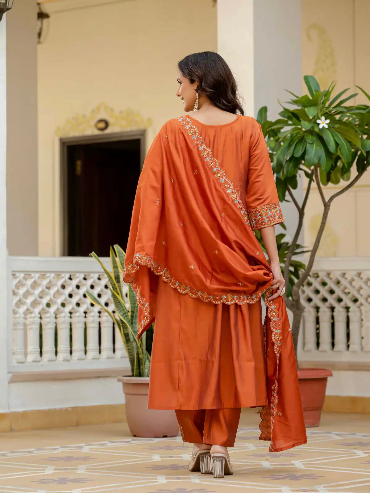 Orange Viscose Roman Silk Mirror Work Anarkali Suit - Image 4