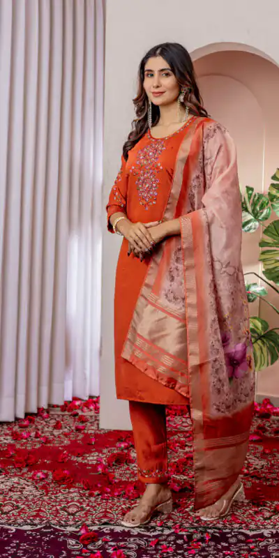 DIVA 111 Orange Viscose Silk Salwar Suit with Thread Embroidery Work. Best Price ₹2049. Delivery 4-6 Working Days. Shop now. | Jump Suits, Straight Suits, Casual Suits, Creative suits, Designer Suits, Palazzo Suits, Party Wear Suits, Patiala Suits, Salwar suit