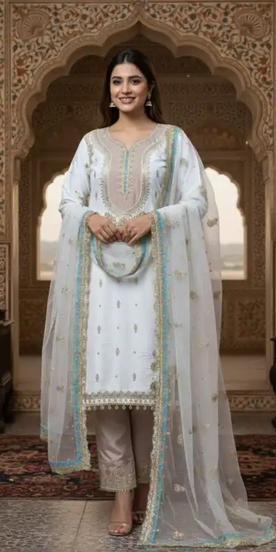 LG 2068 Off White Crape Silk Salwar Suit Perfect for Wedding, Party, Onam, Reception, Housewarming – . Grab it for ₹1999. Delivery 4-6 Working Day | Jump Suits, Straight Suits, Casual Suits, Creative suits, Designer Suits, Palazzo Suits, Party Wear Suits, Patiala Suits, Salwar suit