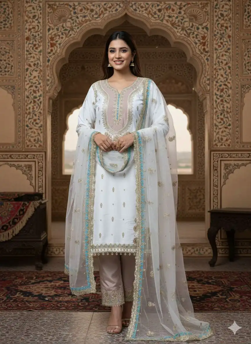 LG 2068 Off White Crape Silk Salwar Suit Perfect for Wedding, Party, Onam, Reception, Housewarming – . Grab it for ₹1999. Delivery 4-6 Working Day | Jump Suits, Straight Suits, Casual Suits, Creative suits, Designer Suits, Palazzo Suits, Party Wear Suits, Patiala Suits, Salwar suit