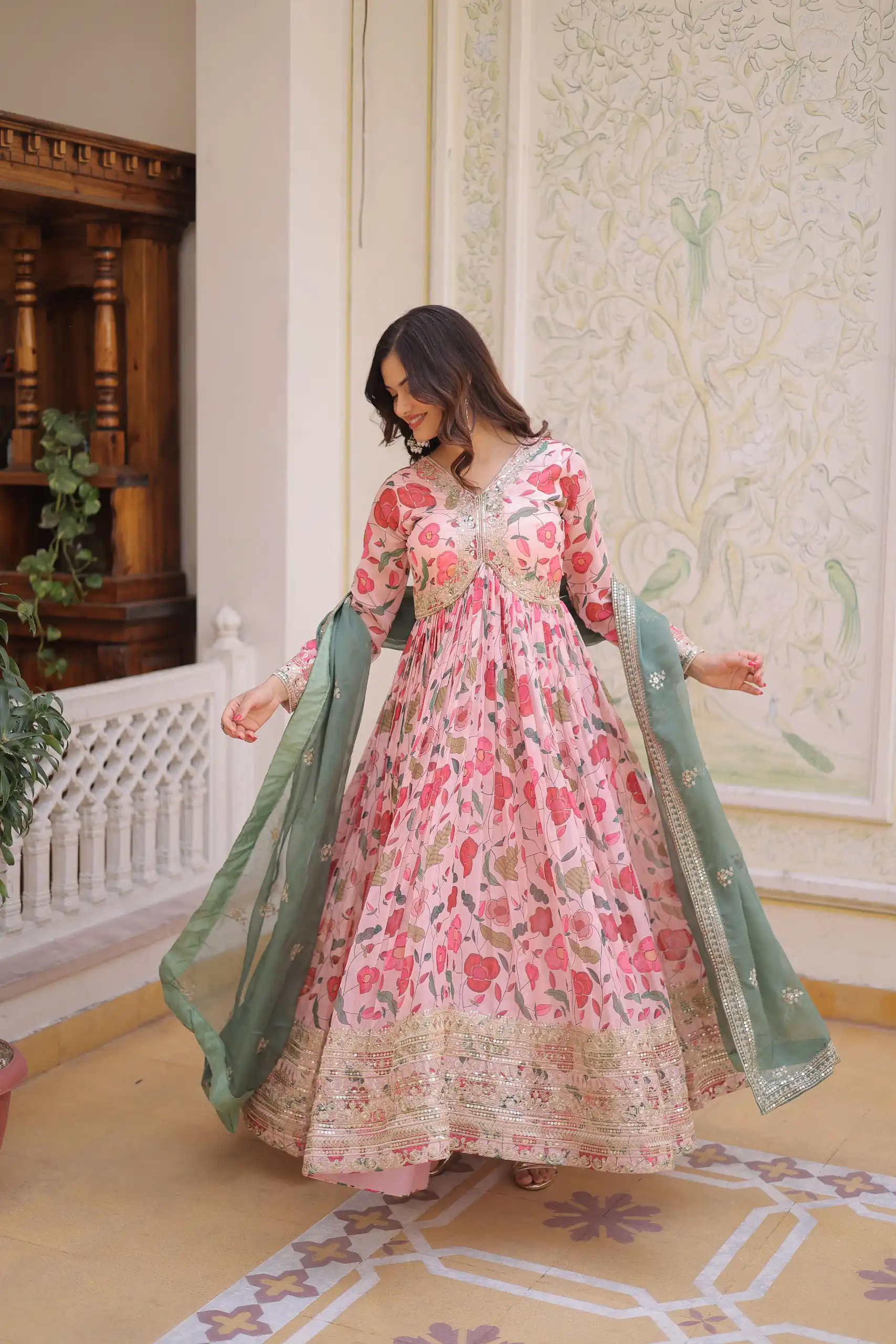 Peach Russian Silk Embroidery Zari Work Gown - Image 2