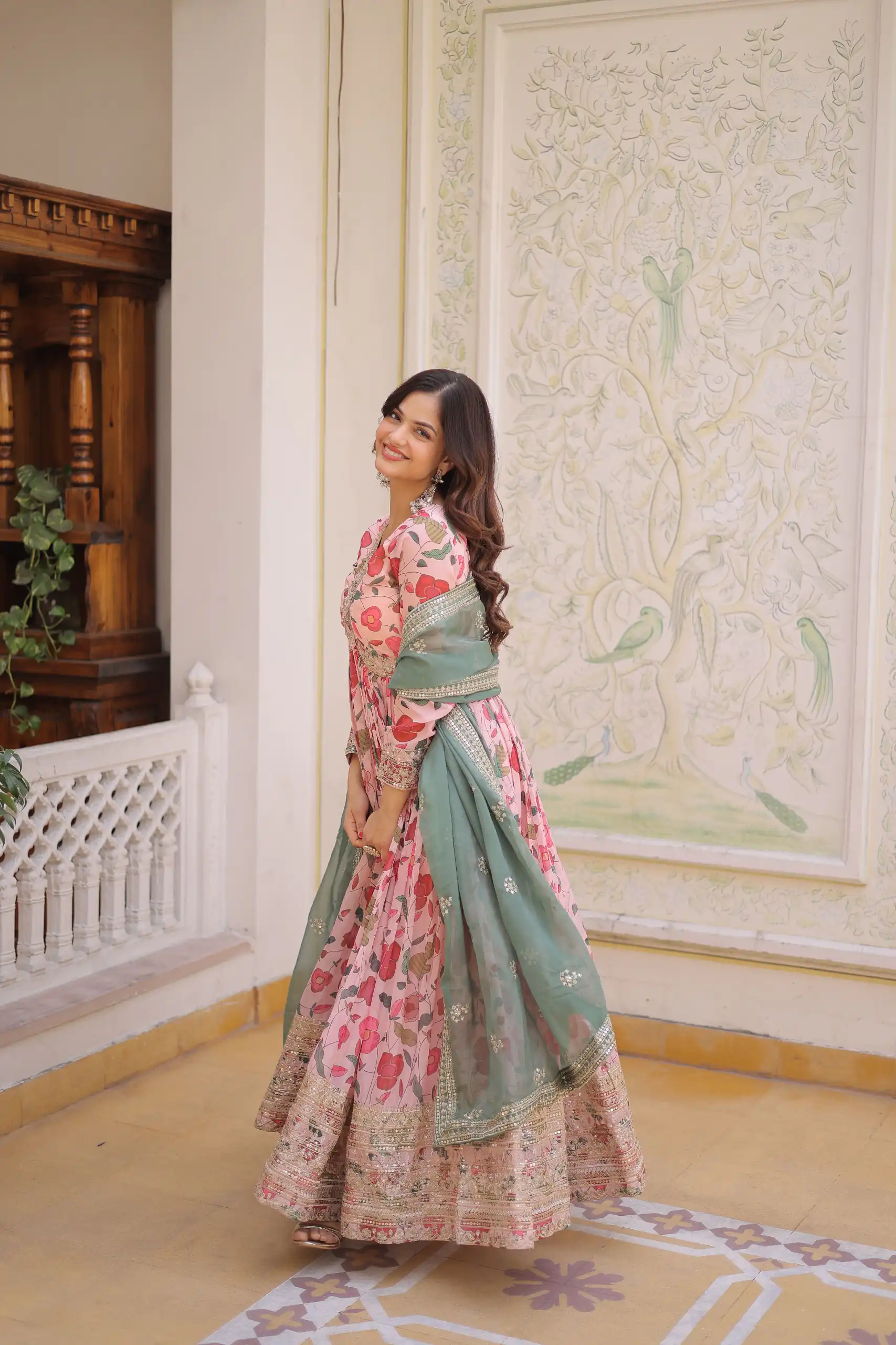 Peach Russian Silk Embroidery Zari Work Gown - Image 5