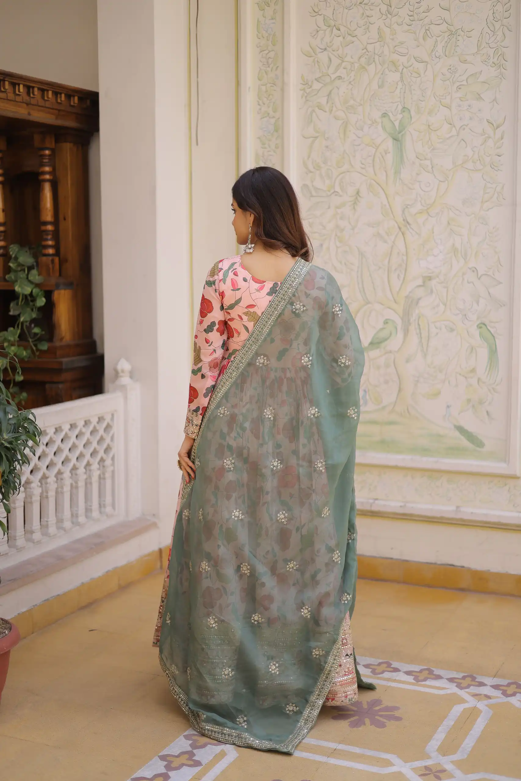 Peach Russian Silk Embroidery Zari Work Gown - Image 7