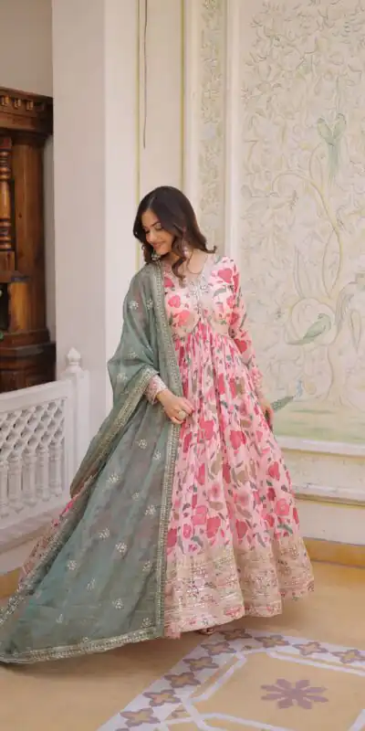 KA 1225 Peach Peach Russian Silk Gown with Embroidery Work & Zari Work. Special Price ₹2599. Delivery 4-6 Working Days. Shop now. | Bollywood Gowns, Creative Gowns, Designer Gowns, Embroidered Gowns, Gowns, Party Wear Gowns