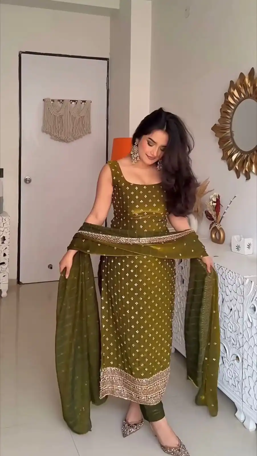 KD 1577 Mehendi Fendy Silk Salwar Suit with Mirror Work & Embroidery Work. Best Price ₹1999. Delivery 4-6 Working Days. Shop now. | Jump Suits, Straight Suits, Casual Suits, Creative suits, Designer Suits, Palazzo Suits, Party Wear Suits, Patiala Suits, Salwar suit