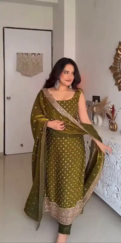 KD 1577 Mehendi Fendy Silk Salwar Suit with Mirror Work & Embroidery Work. Best Price ₹1999. Delivery 4-6 Working Days. Shop now. | Jump Suits, Straight Suits, Casual Suits, Creative suits, Designer Suits, Palazzo Suits, Party Wear Suits, Patiala Suits, Salwar suit