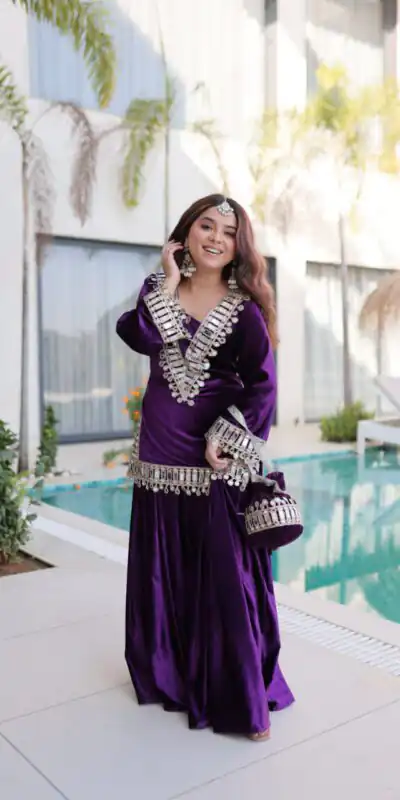 Z 111 Purple in Color 9000 Velvet. Mirror Work & Embroidery Work Salwar Suit Get it for ₹1999. Delivery 4-6 Working Days. Shop now. | Jump Suits, Straight Suits, Casual Suits, Creative suits, Palazzo Suits, Party Wear Suits, Patiala Suits, Salwar suit