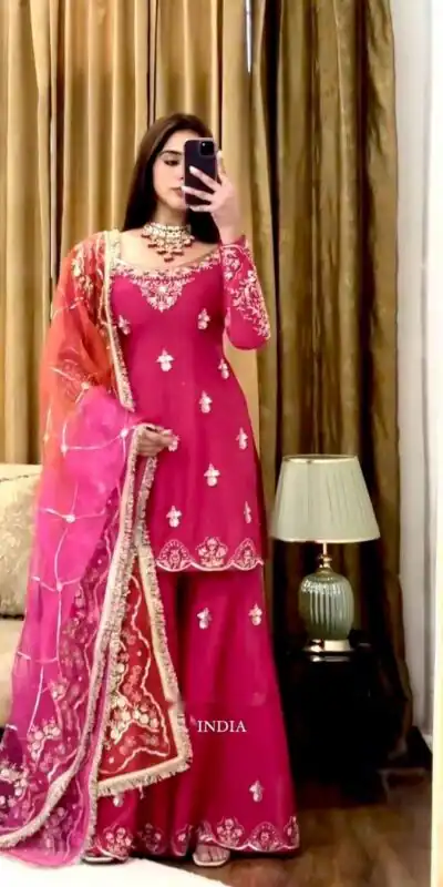 WW 1223 Pink Color Chinon Silk Sawlar Suit with Embroidery Work. Exclusive Offer ₹2099. Delivery 4-6 Working Days. Shop now. | Jump Suits, Straight Suits, Casual Suits, Creative suits, Designer Suits, Palazzo Suits, Party Wear Suits, Patiala Suits, Salwar suit