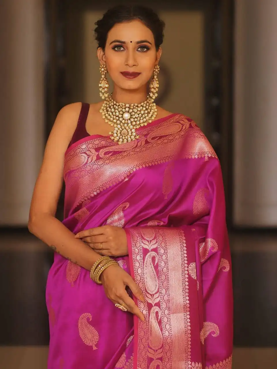 Pink Lichi Silk Border Lace Work Saree - Image 4