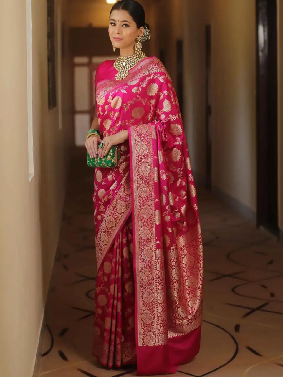Pink Soft Lichi Silk All Over Work Saree - Image 2