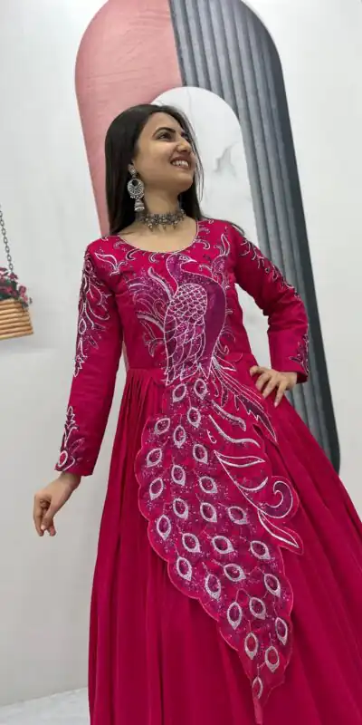 PC 564 Pink Vichitra Silk Gown Perfect for Wedding, Party, Holi, Anniversary, Mehendi –. Grab it for ₹2049. Delivery 4-6 Working Days. Shop now. | Bollywood Gowns, Creative Gowns, Designer Gowns, Embroidered Gowns, Gowns, Party Wear Gowns