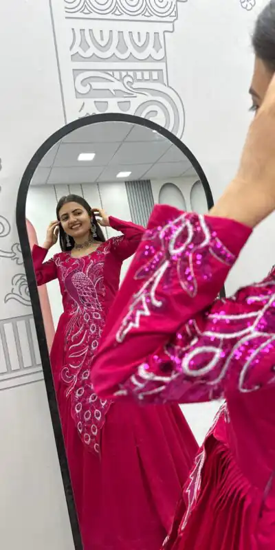 PC 564 Pink Vichitra Silk Gown Perfect for Wedding, Party, Holi, Anniversary, Mehendi –. Grab it for ₹2049. Delivery 4-6 Working Days. Shop now. | Bollywood Gowns, Creative Gowns, Designer Gowns, Embroidered Gowns, Gowns, Party Wear Gowns