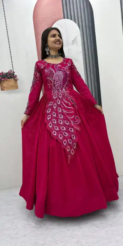 PC 564 Pink Vichitra Silk Gown Perfect for Wedding, Party, Holi, Anniversary, Mehendi –. Grab it for ₹2049. Delivery 4-6 Working Days. Shop now. | Bollywood Gowns, Creative Gowns, Designer Gowns, Embroidered Gowns, Gowns, Party Wear Gowns