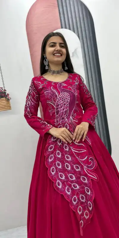 PC 564 Pink Vichitra Silk Gown Perfect for Wedding, Party, Holi, Anniversary, Mehendi –. Grab it for ₹2049. Delivery 4-6 Working Days. Shop now. | Bollywood Gowns, Creative Gowns, Designer Gowns, Embroidered Gowns, Gowns, Party Wear Gowns