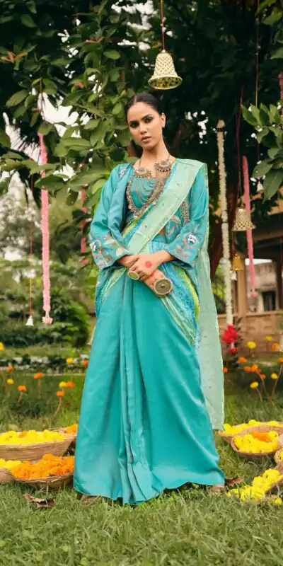 RR 34 Blue Shimmer Saree Perfect for Wedding, Party, Cultural Events, Durga Puja, Reception – . Best Price ₹2049. Delivery 4-6 Working Days. Shop now. | Bollywood Sarees, Creative Sarees, Designer Sarees, Embroidered Sarees, Ethnic Saree, Modern Digital sarees, Party Wear Sarees, Sarees