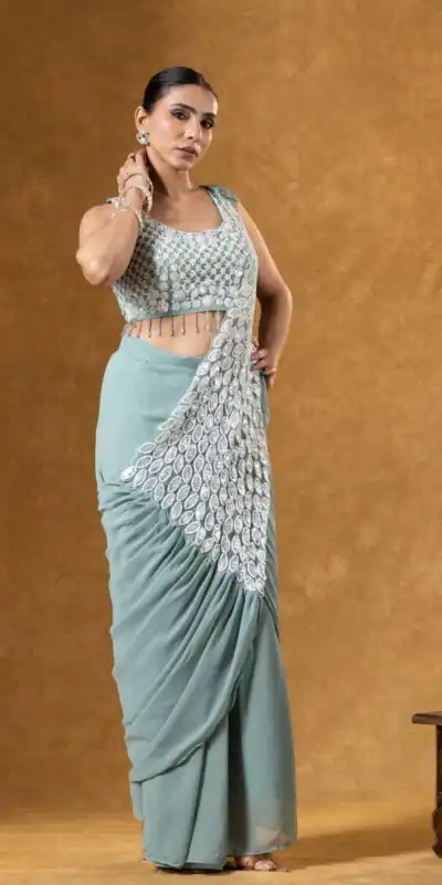 ST 1165 Grey Faux Georgette Saree with Embroidery Work & Sequins Work. Now at just ₹1799. Delivery 4-6 Working Days. Shop now. | Bollywood Sarees, Creative Sarees, Designer Sarees, Embroidered Sarees, Ethnic Saree, Modern Digital sarees, Party Wear Sarees, Sarees