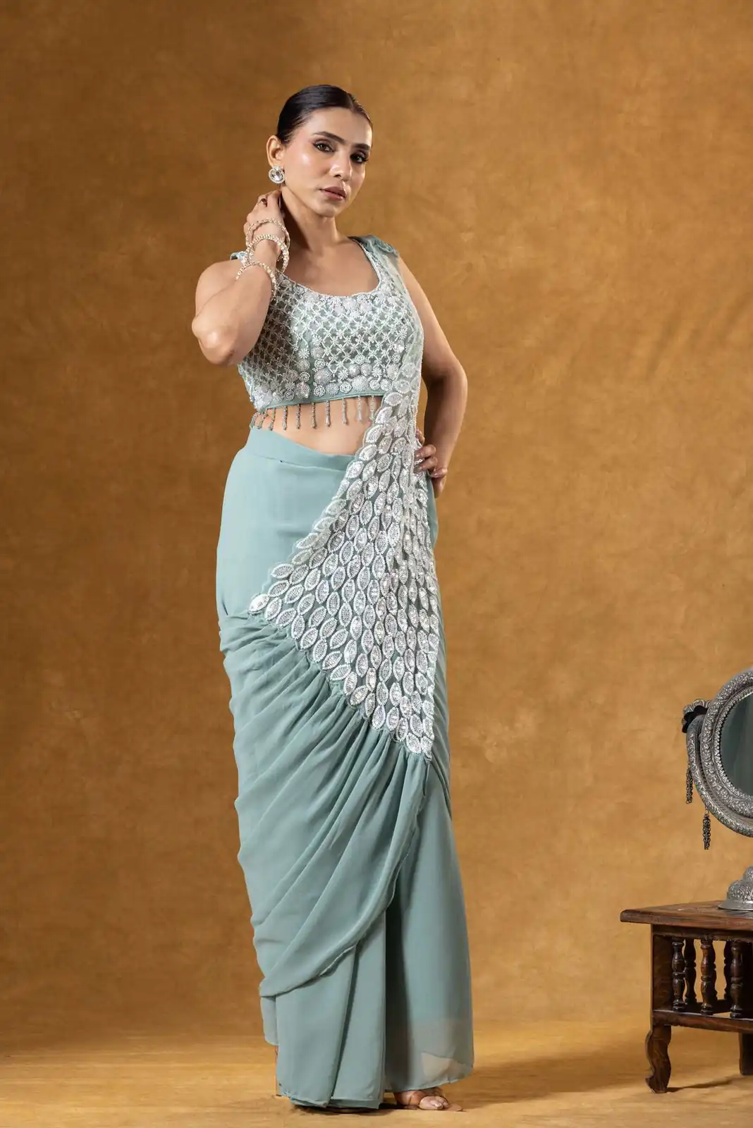 ST 1165 Grey Faux Georgette Saree with Embroidery Work & Sequins Work. Now at just ₹1799. Delivery 4-6 Working Days. Shop now. | Bollywood Sarees, Creative Sarees, Designer Sarees, Embroidered Sarees, Ethnic Saree, Modern Digital sarees, Party Wear Sarees, Sarees