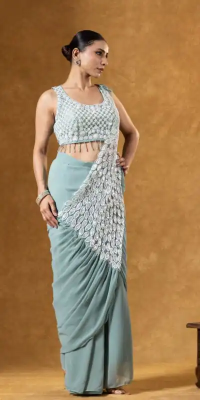 ST 1165 Grey Faux Georgette Saree with Embroidery Work & Sequins Work. Now at just ₹1799. Delivery 4-6 Working Days. Shop now. | Bollywood Sarees, Creative Sarees, Designer Sarees, Embroidered Sarees, Ethnic Saree, Modern Digital sarees, Party Wear Sarees, Sarees