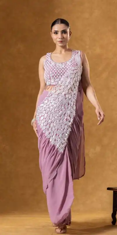 ST 1165 Onion Faux Georgette Saree with Embroidery Work & Sequins Work. Now at just ₹1799. Delivery 4-6 Working Days. Shop now. | Bollywood Sarees, Creative Sarees, Designer Sarees, Embroidered Sarees, Ethnic Saree, Modern Digital sarees, Party Wear Sarees, Sarees