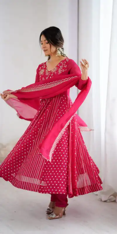 SRK 5293 Pink With Crunchy Silk With Fully Flair with Lace Work & Embroidery Work Anarkali Gown . Introductory Price ₹2149. Delivery 4-6 Worki | Bollywood Gowns, Creative Gowns, Designer Gowns, Embroidered Gowns, Gowns, Party Wear Gowns