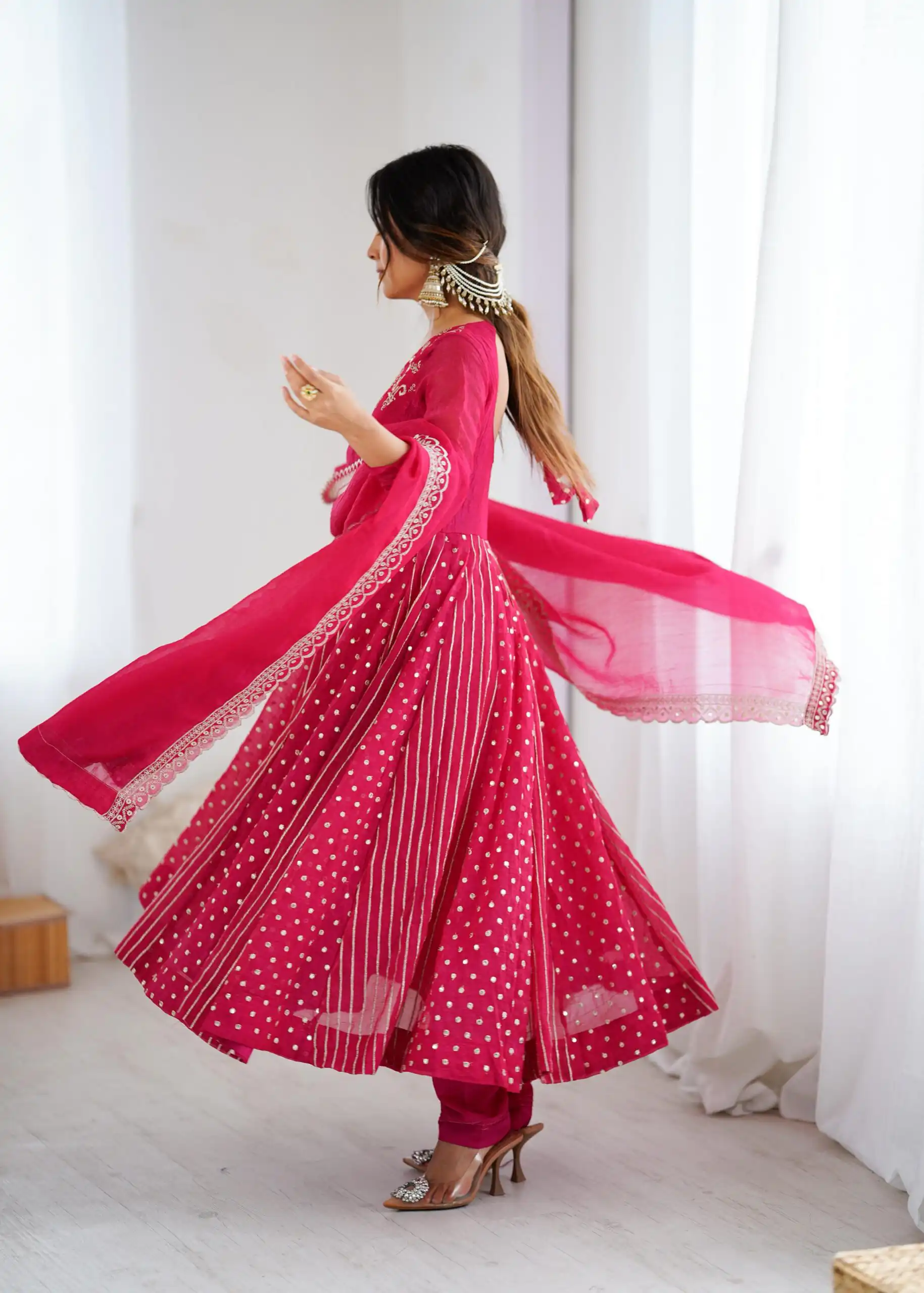 SRK 5293 Pink With Crunchy Silk With Fully Flair with Lace Work & Embroidery Work Anarkali Gown . Introductory Price ₹2149. Delivery 4-6 Worki | Bollywood Gowns, Creative Gowns, Designer Gowns, Embroidered Gowns, Gowns, Party Wear Gowns