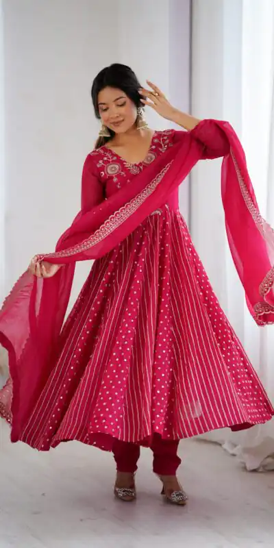 SRK 5293 Pink With Crunchy Silk With Fully Flair with Lace Work & Embroidery Work Anarkali Gown . Introductory Price ₹2149. Delivery 4-6 Worki | Bollywood Gowns, Creative Gowns, Designer Gowns, Embroidered Gowns, Gowns, Party Wear Gowns