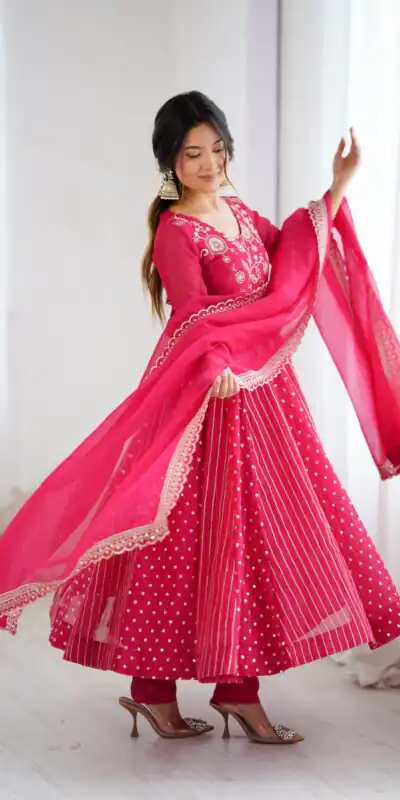 SRK 5293 Pink With Crunchy Silk With Fully Flair with Lace Work & Embroidery Work Anarkali Gown . Introductory Price ₹2149. Delivery 4-6 Worki | Bollywood Gowns, Creative Gowns, Designer Gowns, Embroidered Gowns, Gowns, Party Wear Gowns